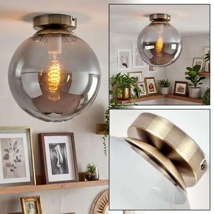 Gastor plafondlamp met rookglas bol, messing look, retro stijl voor woonkamer Voordeelprijs