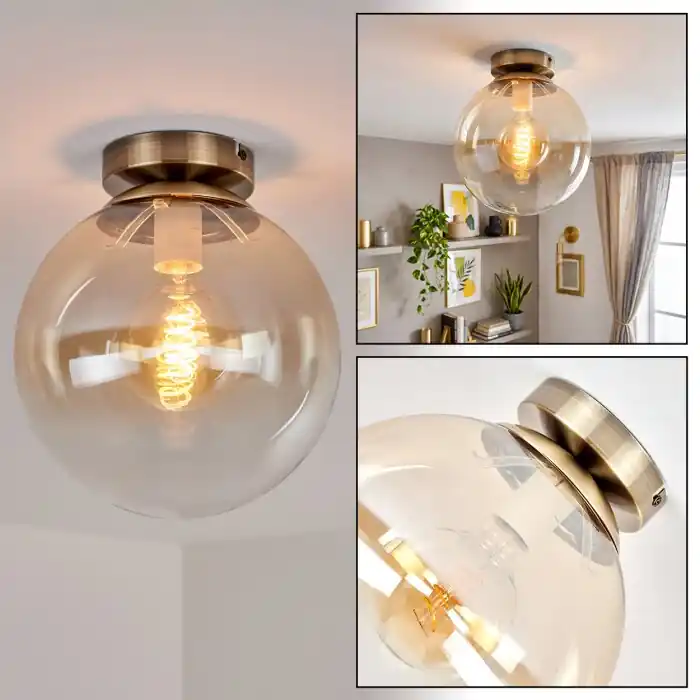 Gastor rookglas plafondlamp glazen bol ø 25 cm, E27 vintage messingkleurig Korting