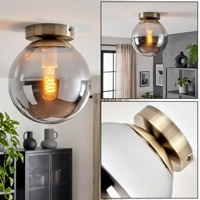 Gastor plafondlamp met rookglazen bol en messingkleurige fitting E27 Koop Vandaag