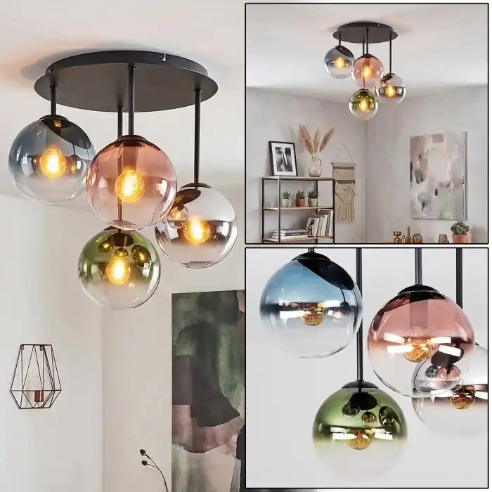 Gastor plafondlamp met gekleurd glas, 4-lichts glazen bollen, retro vintage Koopje