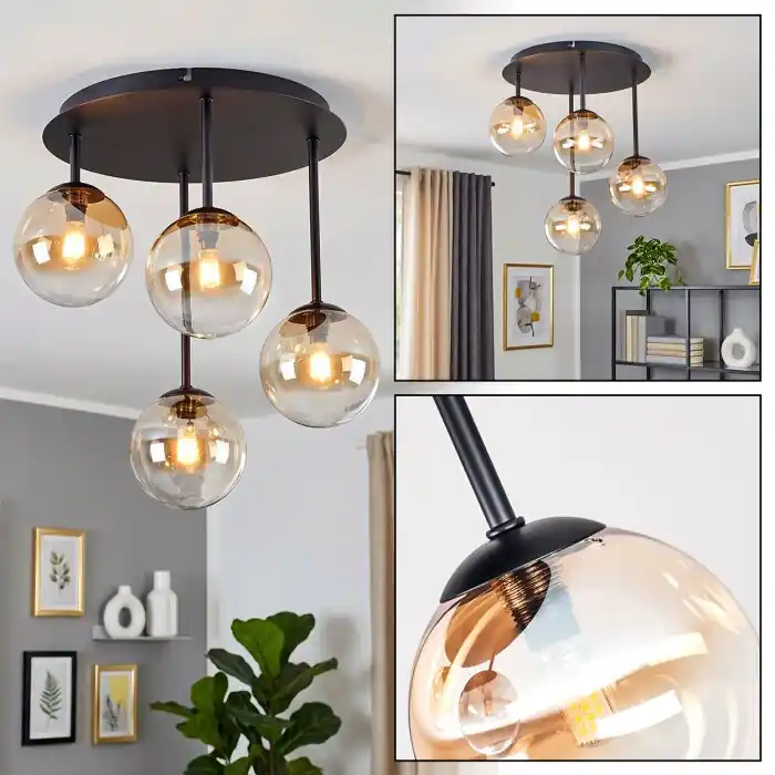 Betrouwbaar Chehalis plafondlamp 4-lichts met bolvormige kappen, retro woonkamerlamp