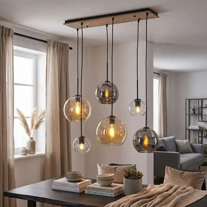 Koopje Koyoto hanglamp 6-lichts met bolvormige kappen voor eettafel en woonkamer