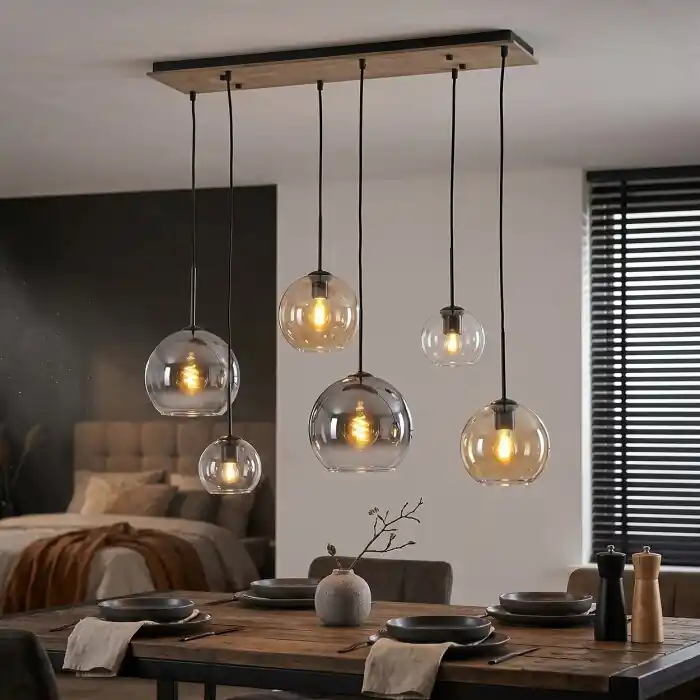 Koyoto 6-lichts hanglamp met bolvormige kappen, moderne eettafellamp E27 Laatste Versie