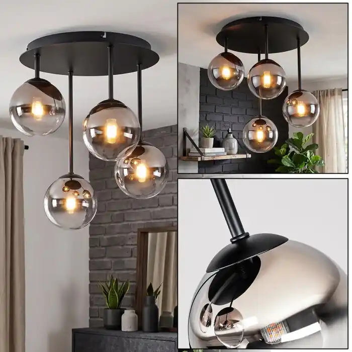 Chehalis 4-lichts plafondlamp met bolkappen, rond Ø 35 cm, retro voor woonkamer Betrouwbaar