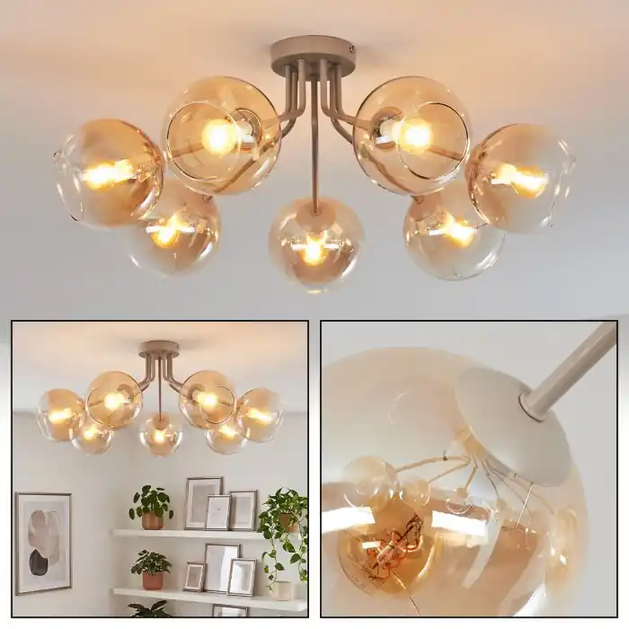 Koyoto ronde plafondlamp met bolkappen, 7-lichts ø 82 cm, E14 retro design Beperkte Voorraad