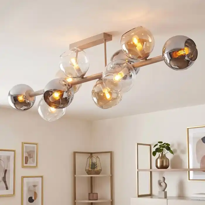 Koyoto langwerpige plafondlamp 10-lichts met bolvormige kappen voor woonkamer Hete Deal