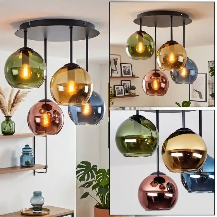 Koyoto plafondlamp met globe kappen, 4-lichts rond ø 25 cm, retro vintage Gecertificeerd