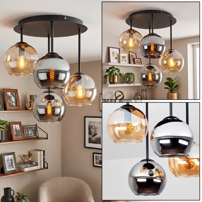 Koyoto 4-lichts plafondlamp met bolvormige kappen, retro vintage voor eetkamer Korting