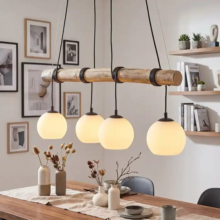 Uitverkoop Koyoto houten eettafel hanglamp met boomstam-staaf, 4-lichts, lengte 80 cm