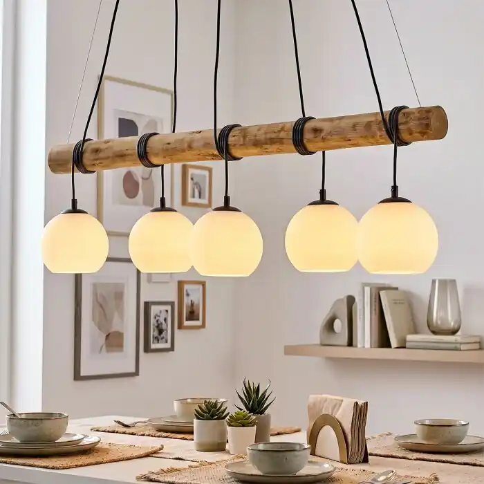 Beperkt Aanbod Koyoto houten staaflamp, 5-lichts hanglamp voor eettafel, lengte 100 cm