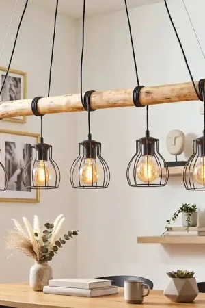 Aanbieding Gondo hanglamp met houten staaf voor eettafel, 5-lichts E27, lengte 100 cm