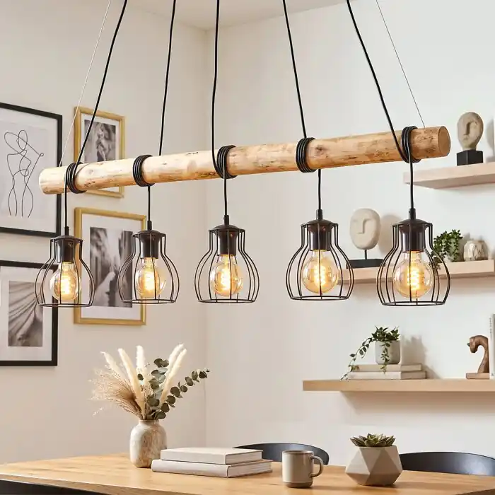 Aanbieding Gondo hanglamp met houten staaf voor eettafel, 5-lichts E27, lengte 100 cm