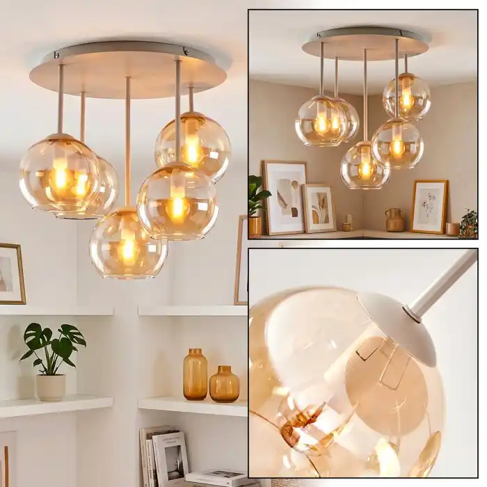 Express Levering Koyoto 5-lichts ronde plafondlamp met bolkappen, Ø 45 cm, retro modern