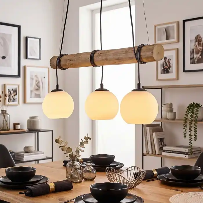Rechtstreeks Van De Fabrikant Koyoto 3-lichts eettafel hanglamp met houten balk, E27, lengte 60 cm
