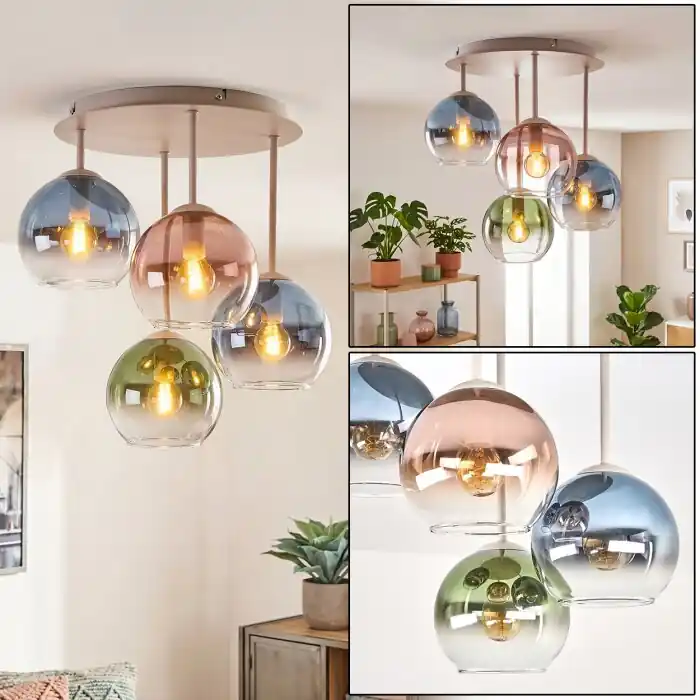 Koyoto 4-lichts retro plafondlamp met bolkappen, rond ø 38 cm, E14 Betrouwbaar