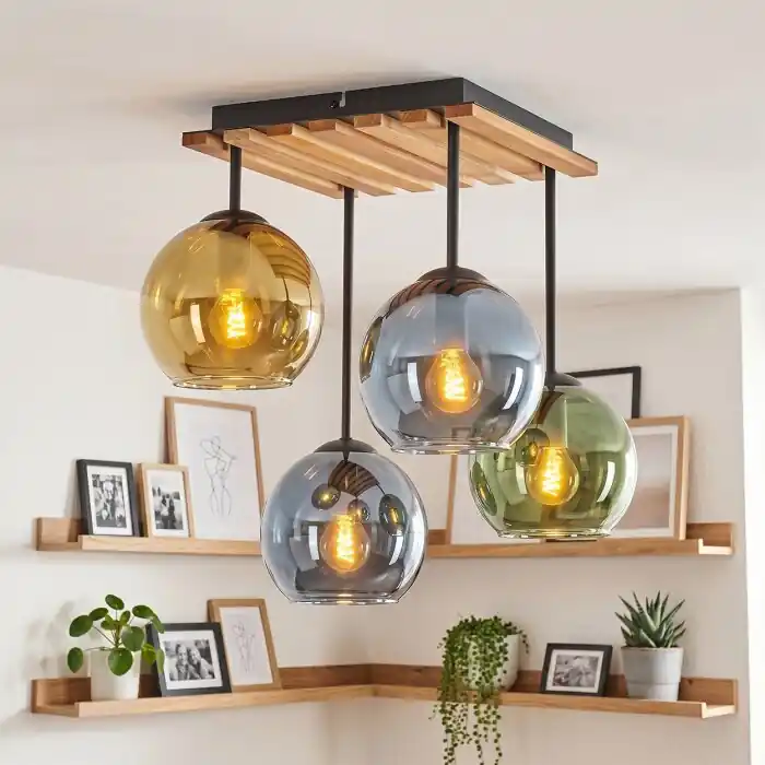 Koyoto 4-lichts plafondlamp met bolvormige kappen, E14, retro vintage voor woonkamer Op = Op
