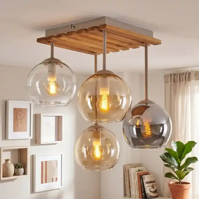 Tijdelijk Beschikbaar Koyoto plafondlamp 4-lichts met globe-kappen, boho vintage lamp voor eethoek