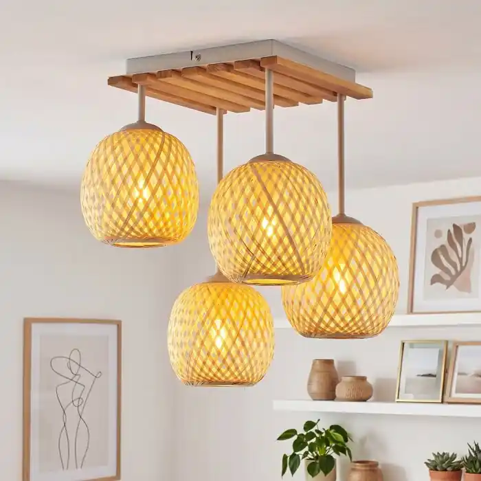 Basto boho plafondlamp bamboe rotan 4-lichts met gevlochten bolkappen Veilige Betaling