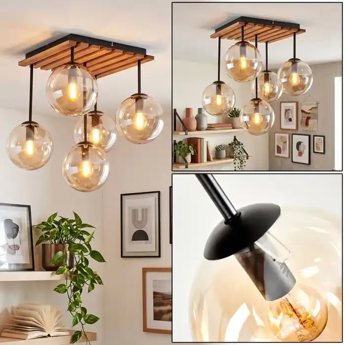 Gastor retro 5-lichts E14 plafondlamp met bolschermen voor woonkamer en hal Goedkoop