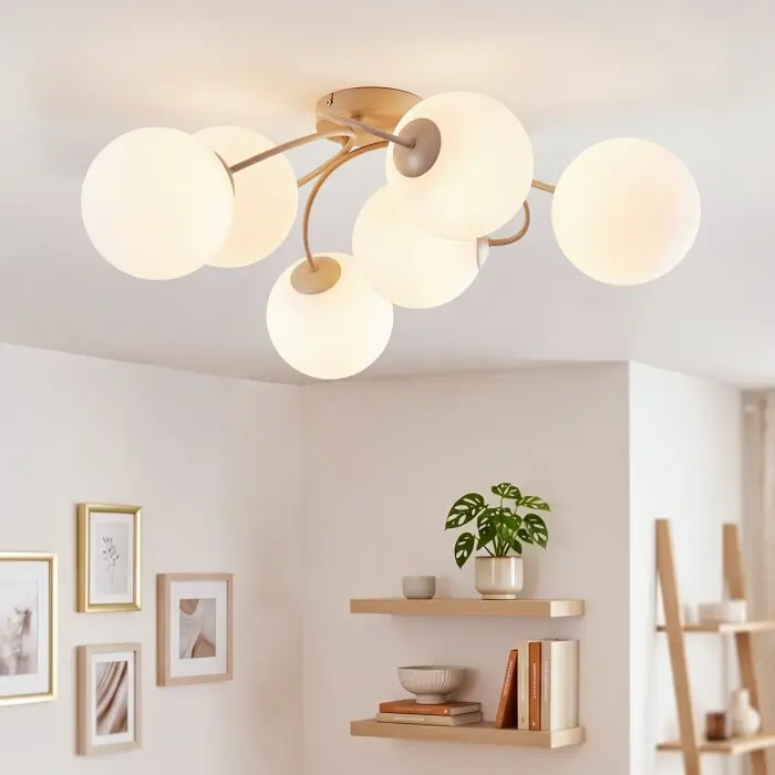 Chehalis 6-lichts plafondlamp met bollen, G9, Ø 64 cm, modern vintage design, gebogen armen Weekendaanbieding