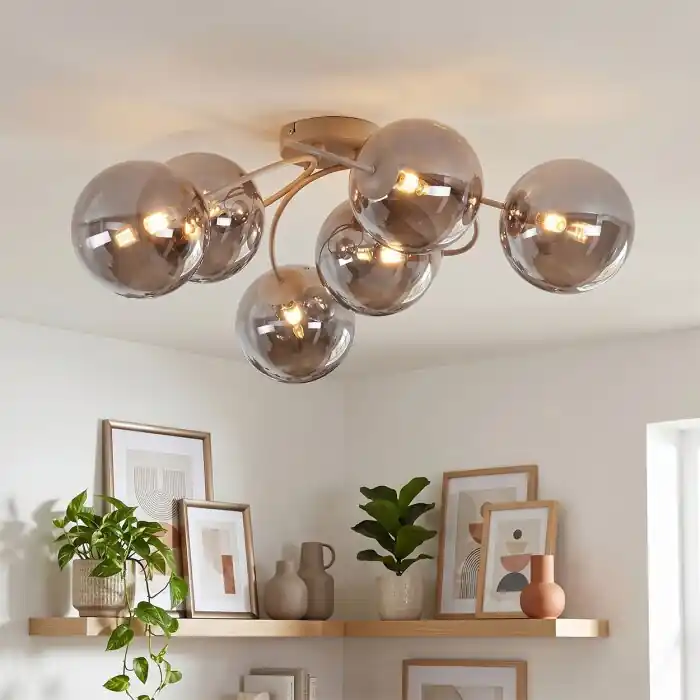 Finale Uitverkoop Chehalis 6-lichts plafondlamp woonkamer met bolvormige kappen, G9, ø 64 cm