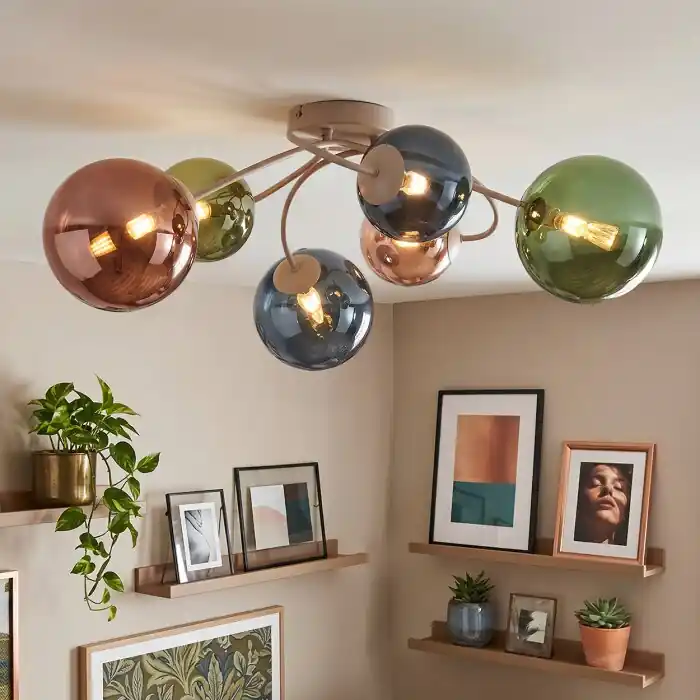 Rechtstreeks Van De Fabrikant Chehalis plafondlamp met bolkappen, 6-lichts G9, rond ø 64 cm, retro-vintage