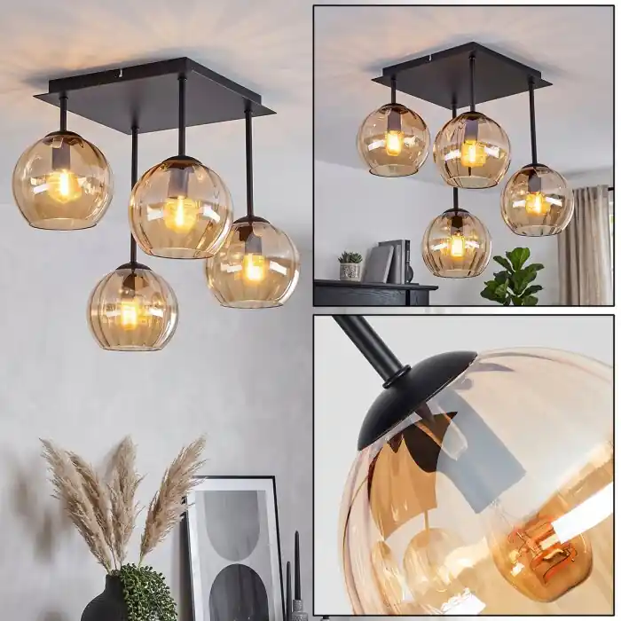 Koyoto plafondlamp amber glas met 4 bollen, 4-lichts E14 in vintage stijl Fabrieksprijs
