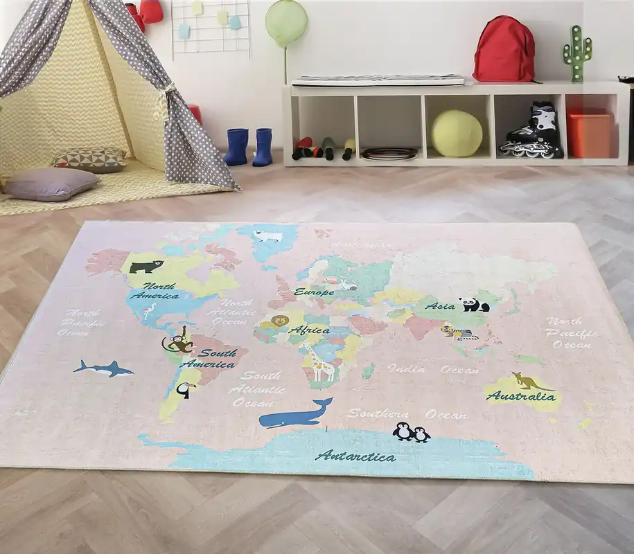 Kids Speelkleed Kinderkamer Roze vloerkleed - Wereldkaart Finale Uitverkoop