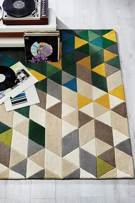Tijdelijk Beschikbaar Prism vloerkleed - Laagpolig - 100% Wol - Driehoek Modern - Groen / Multi