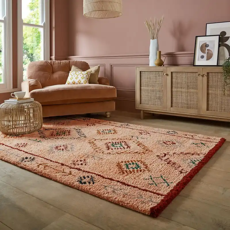 Wollen Bohemian vloerkleed - Sahara Berber Shaggy Roze Fabrieksprijs