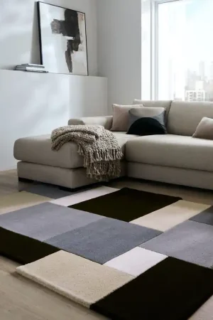 Abstract wollen vloerkleed - Monochrome Zwart/Beige Aanbieding