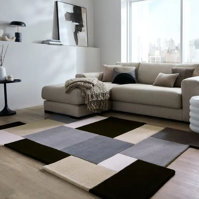 Abstract wollen vloerkleed - Monochrome Zwart/Beige Aanbieding